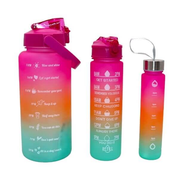Set of 3 Motivational Water Bottles - Time Marked 2L, 900ml & 300ml
