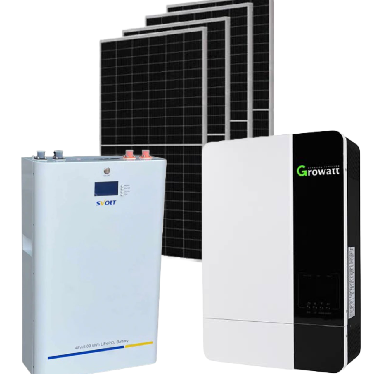 Growatt Inverter, 5.4kw Svolt Lithium battery with 550w solar panels and installation kit